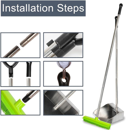 Rubber Broom and Dustpan Set,Pet Hair Removal Rubber Broom with Squeegee and Stainless Steel Dust Pan,Carpet Rake Push Broom and Dustpan for Fluff Hardwood Floor Tile (Green)