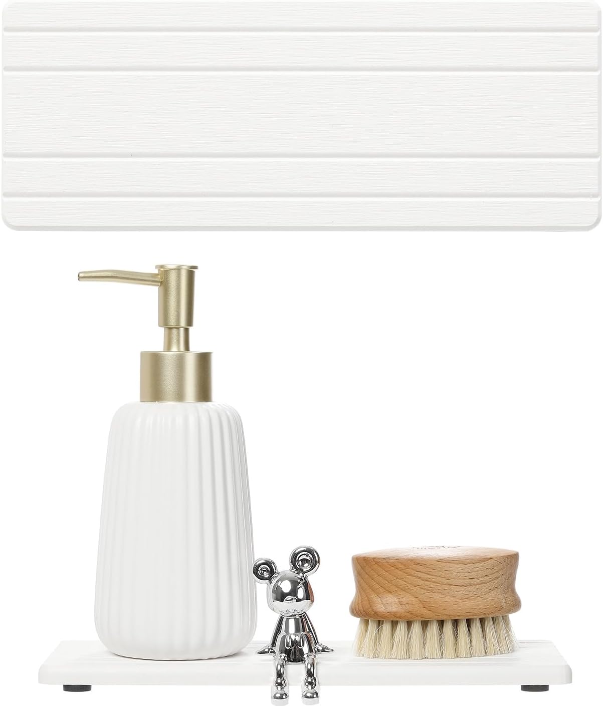 2PCS Water Absorbing Stone Drying Tray Mat for Bathroom Sink & Kitchen Counter Faucet Organizer, Quick Dry Dish Rack Soap Dispenser Sponge Holder, Vanity Sink Caddy Bar Coaster, Ivory White 8“x 4”