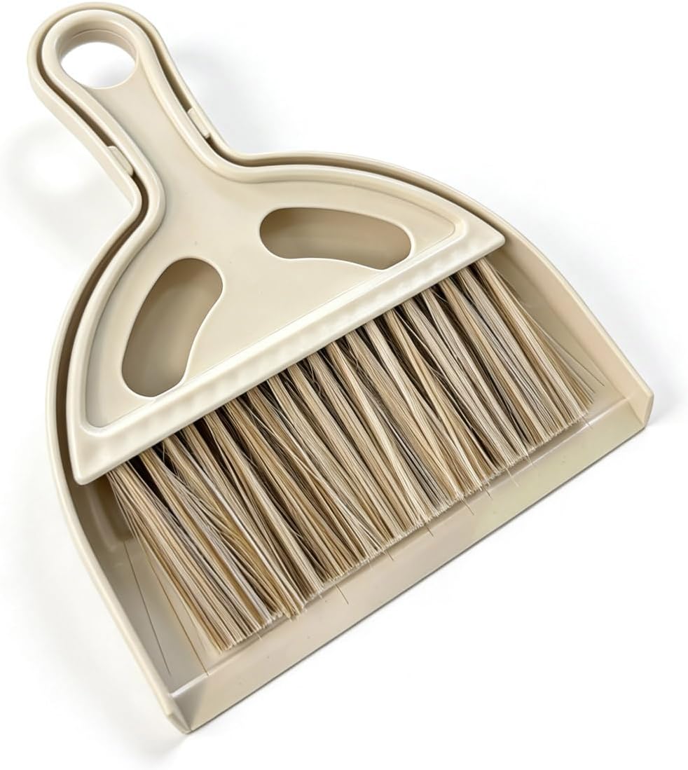 Mini Broom and Dustpan Set - Compact Small Hand Broom with Soft Bristles, Portable Desktop Cleaning Tool for Kitchen Counter, Desk, Drawer, Pet Litter & Car Interior (Off-White)