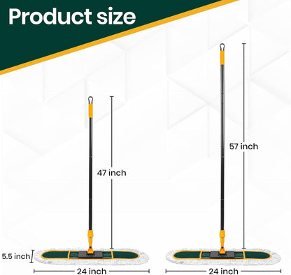 24 Inch Commercial Dust Mop for Floor Cleaning-Heavy Duty Dry & Wet Push Broom with 3 Washable Pads, 57" Handle & 360° Swivel Floor Duster for Hardwood, Laminate, Vinyl Floors & Warehouse