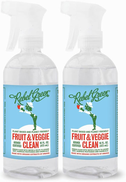 Rebel Green Fruit & Veggie Clean - Plant-Based Produce Cleaner - Natural Fruit and Vegetable Wash with No Aftertaste - Dirt & Grime Removal - Made with Organic Extracts of Citrus - 16 FL OZ