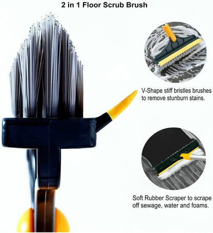 2 in 1 Cleaning Scrub Brush Grout Brush Scrapee 3 Poles 47.6'' Floor Scrub Brush with Long Handle V-Shape Stiff Bristle Brush Scrubber with Squeegee 120°Rotate Shower Cleaning Brush for Bathroom Glass