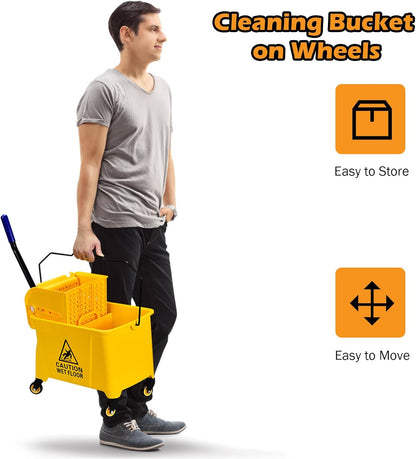 ARLIME Mop and Bucket Set with Wringer On Wheels, 21 Quart Capacity Portable Wringer Trolley on Wheels, Side Press Floor Cleaning Wavebrake w/Handle, Mop Bucket for Home, Commercial, Restaurants