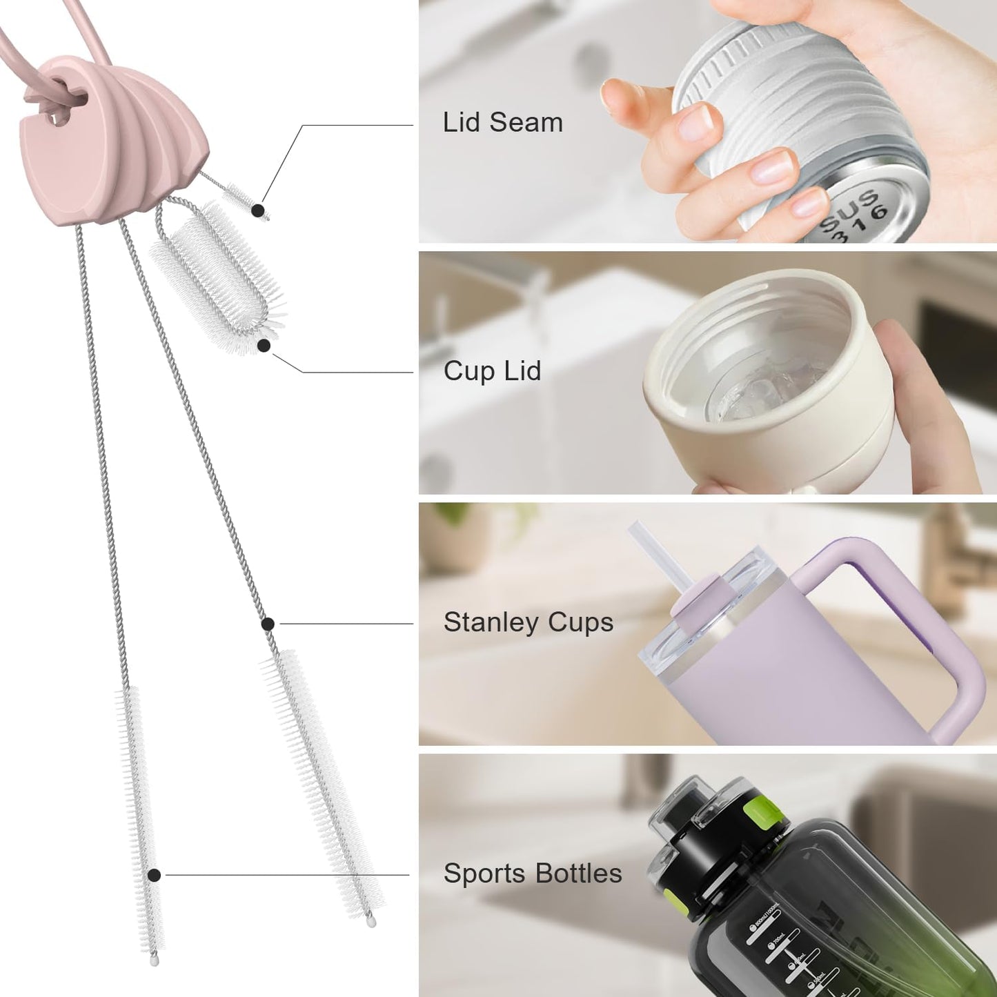 YOTIME 4in1 Straw Cleaner Brush Set, Reusable Standing Straw Brushs with Holder Ring, for Wide and Narrow Straws, Tumblers, Water Bottles and Cups, Pink