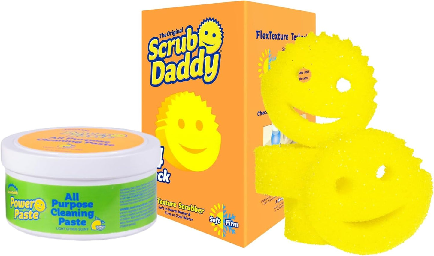 Scrub Daddy Sponges & PowerPaste XL Value Pack - 4 Scrub Daddy Multipurpose Dish Sponges & PowerPaste XL All-Purpose Cleaning Paste - Scratch-Free, Multi-Surface Household Cleaning Supplies Kit (5ct)