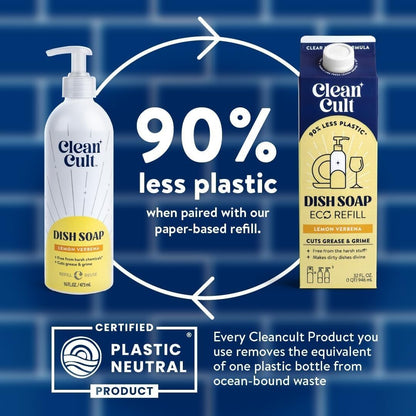 Cleancult Dish Soap Liquid Refill (32oz, 3 Pack) - Plant Based Cleaning Power - Dish Soap that Cuts Grease & Grime - Free of Harsh Chemicals - Uses 90% Less Plastic - Fresh Rain