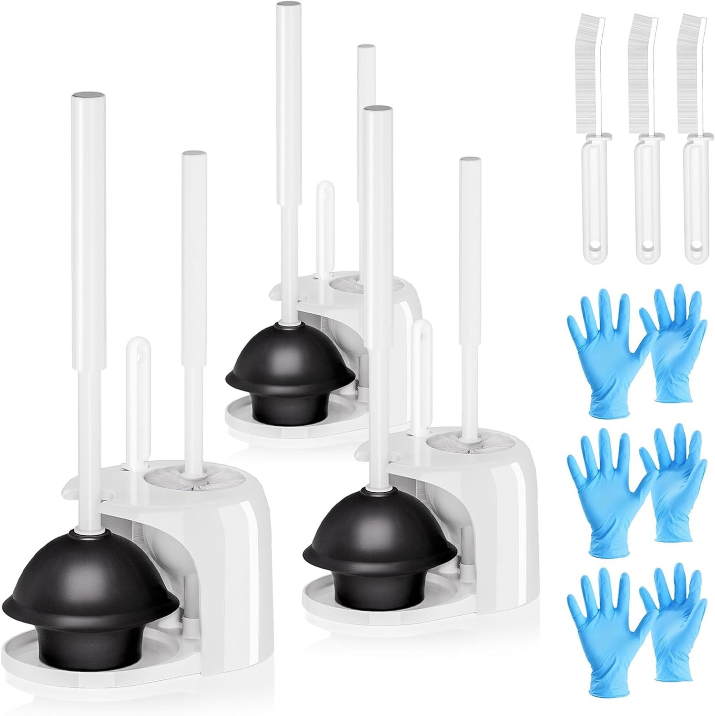 2 Pack 4 in 1 Toilet Brush and Plunger Set with Crevice Cleaning Brush, Toilet Plunger and Brush Set with Extra Long Handle, Plungers for Bathroom Accessories, Toilet Plunger with Holder, Black, Pack