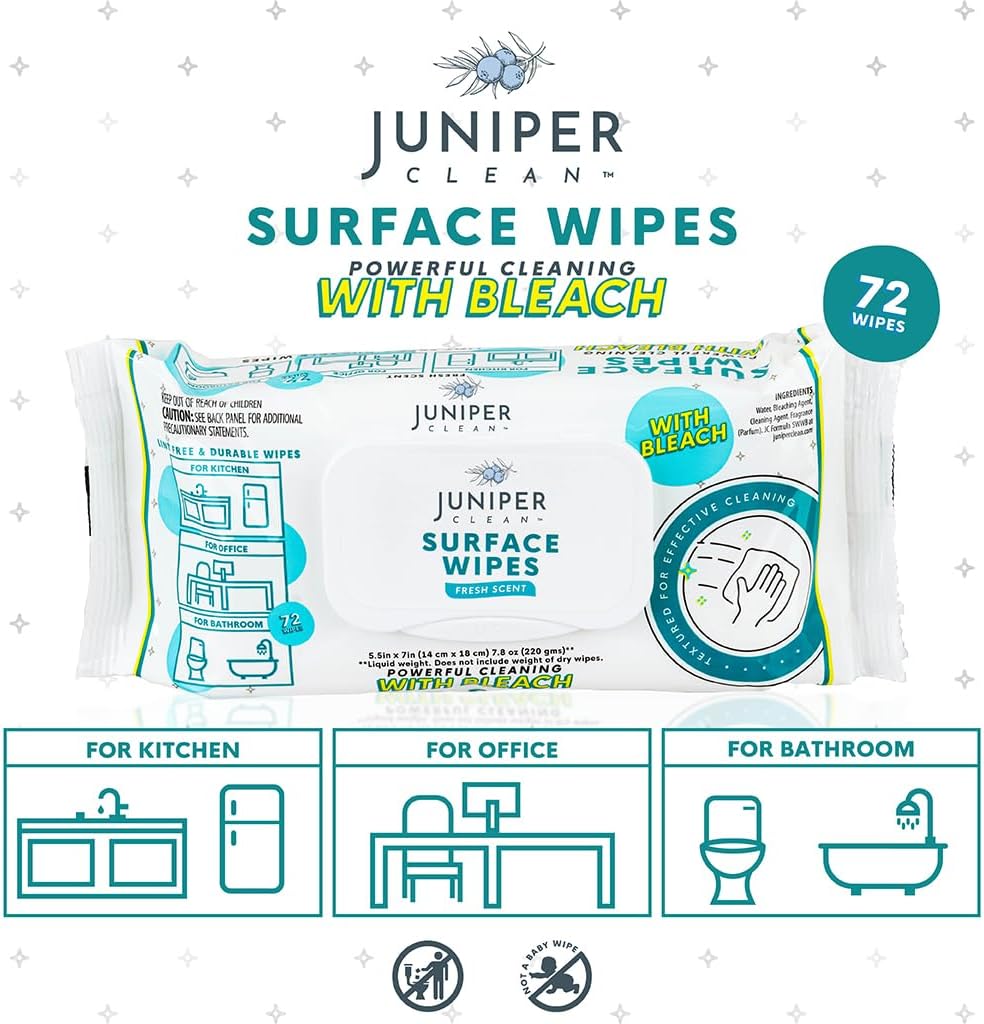 Juniper CLEAN 3 Pack Surface Cleaning Wipes with Bleach, All-Purpose Cleaner for Bathroom, Kitchen, Office, 216 Count Soft Flow, Fresh Scent, Lint Free & Durable
