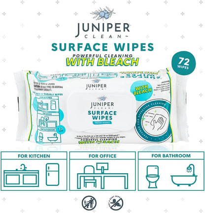 Juniper CLEAN 3 Pack Surface Cleaning Wipes with Bleach, All-Purpose Cleaner for Bathroom, Kitchen, Office, 216 Count Soft Flow, Fresh Scent, Lint Free & Durable