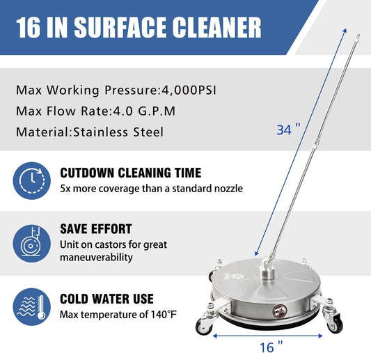 JANZ 18" Pressure Washer Surface Cleaner with 4 Wheels,1/4" Quick Plug,Stainless Steel Housing,2 Extension Wand Attachments, 3 Spray Nozzles and 2 Replacement Nozzles, 4000 PSI