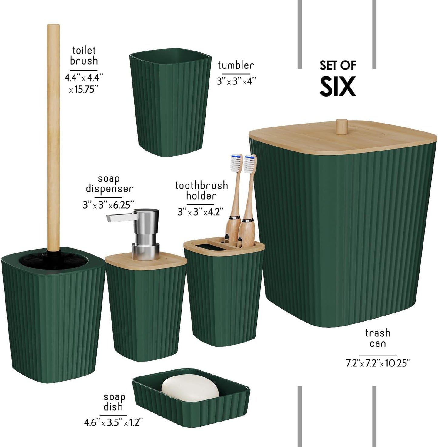 Clara Clark Bathroom Set - Sage Green Bathroom Accessories Set, 6PC Bathroom Accessory Set, Bathroom Sets with Toilet Brush, Trash Can & Soap Dispenser
