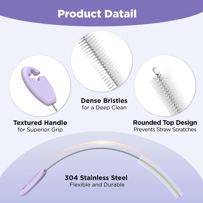 Straw Cleaner Brush Set for 𝗦𝘁𝗮𝗻𝗹𝗲𝘆, Baby Bottles and Sippy Cups,4 in 1 Standing & Hanging Cleaning Set with Holder Ring – Reusable Cleaner for Cup Lids, Spouts and More.(Purple)