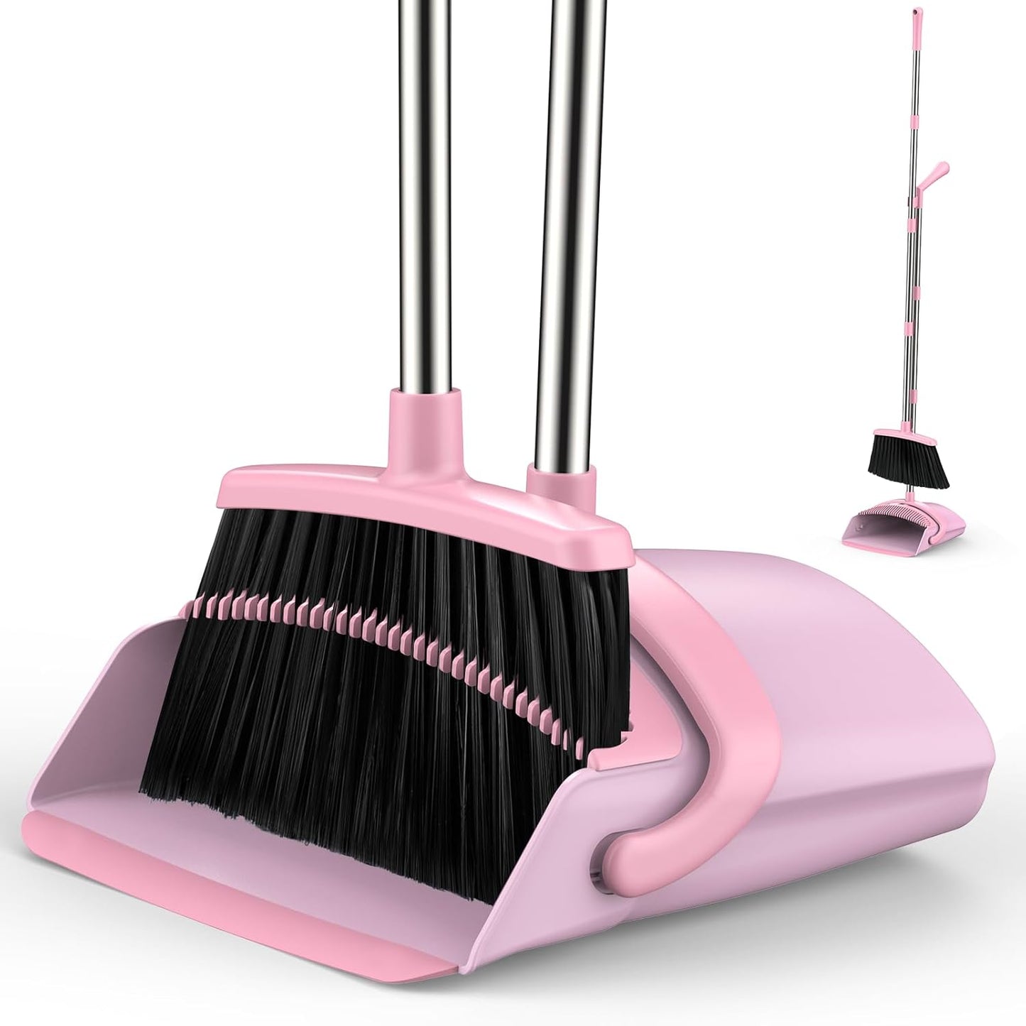 Broom and Dustpan Set for Home, 51-in Long Adjustable Handle Angle Broom and Dustpan Combo Set with Dust Pan Teeth to Clean Hair for Home Kitchen Office Lobby Floor Garden (Black&White)