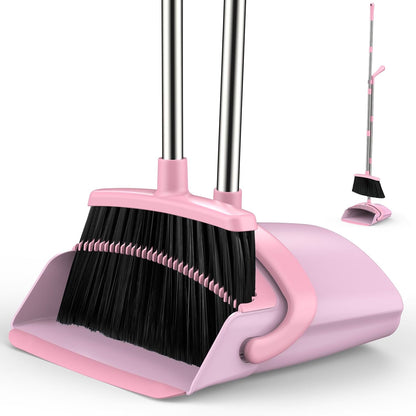 Broom and Dustpan Set for Home, 51-in Long Adjustable Handle Angle Broom and Dustpan Combo Set with Dust Pan Teeth to Clean Hair for Home Kitchen Office Lobby Floor Garden (Black&White)