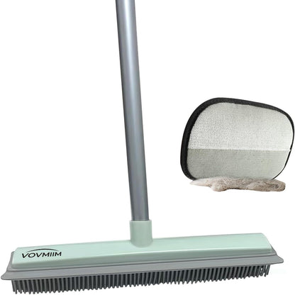 Pet Hair Rubber Broom with Squeegee for Carpet,Fur Remover Broom Carpet Rake for Pet Hair Removal, with 50" Long Handle