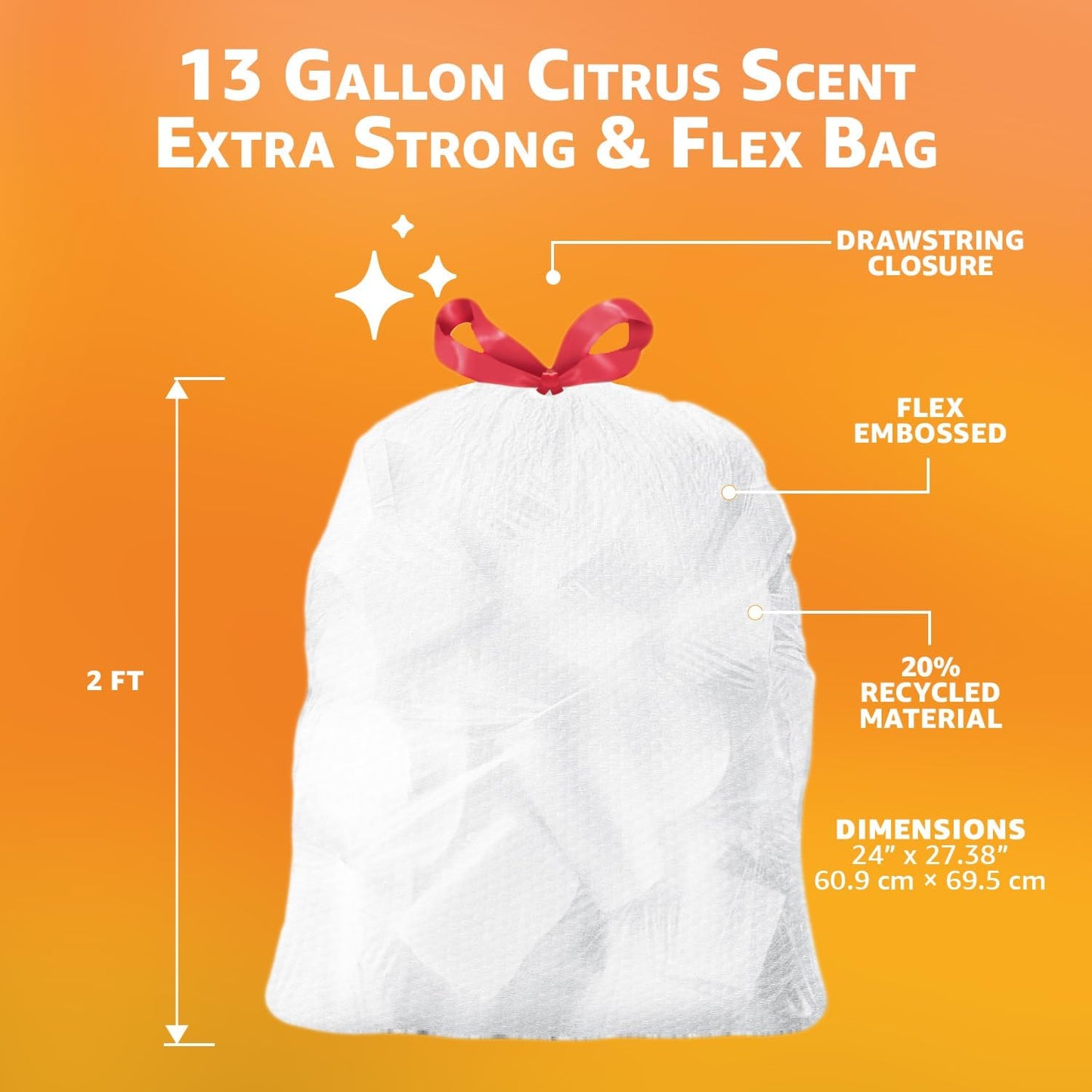 Amazon Basics Extra Strong & Flex Tall Kitchen Drawstring Trash Bags, Citrus Scent, 13 Gallon, 40 Count