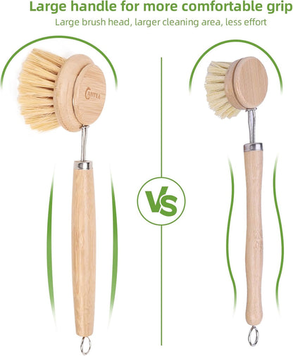 Bamboo Dish Brush with Handle - Soft Bristle, Non Toxic Dish Scrubber Compostable & Sustainable Bamboo Scrub Brush for Dishes, Pots and Pans