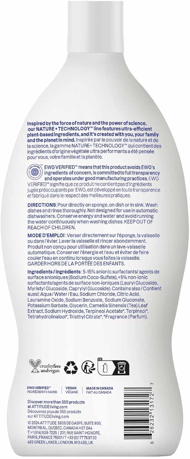 ATTITUDE Dish Soap, EWG Verified, Plant-Based & Vegan Dishwashing Liquid, Naturally Derived, Citrus Zest, 23.7 Fl Oz (Pack of 3)