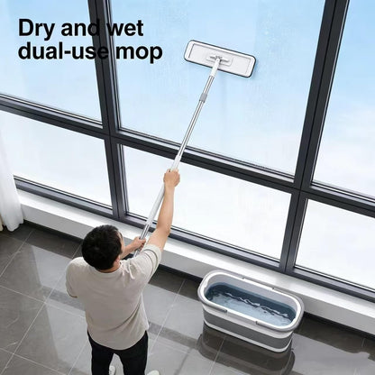 Large Flat Mop and Scalable Bucket with Wheels, 360 Rotating Microfiber Dust Mop with Dewatering Scraper, 54" Adjustable Stainless Steel (1 Mop + 4 Microfiber Pads + 1 Bucket)
