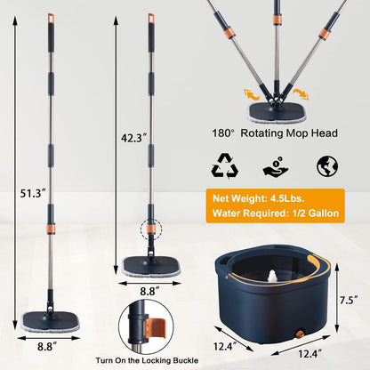 Flat Floor Mop and Bucket System Set with Wringer, Spin Mop and Bucket Separate Clean and Dirty Water with Self Separation for Hardwood, Laminate, Tile, Floor Cleaning, Wet and Dry Use, LightCyan