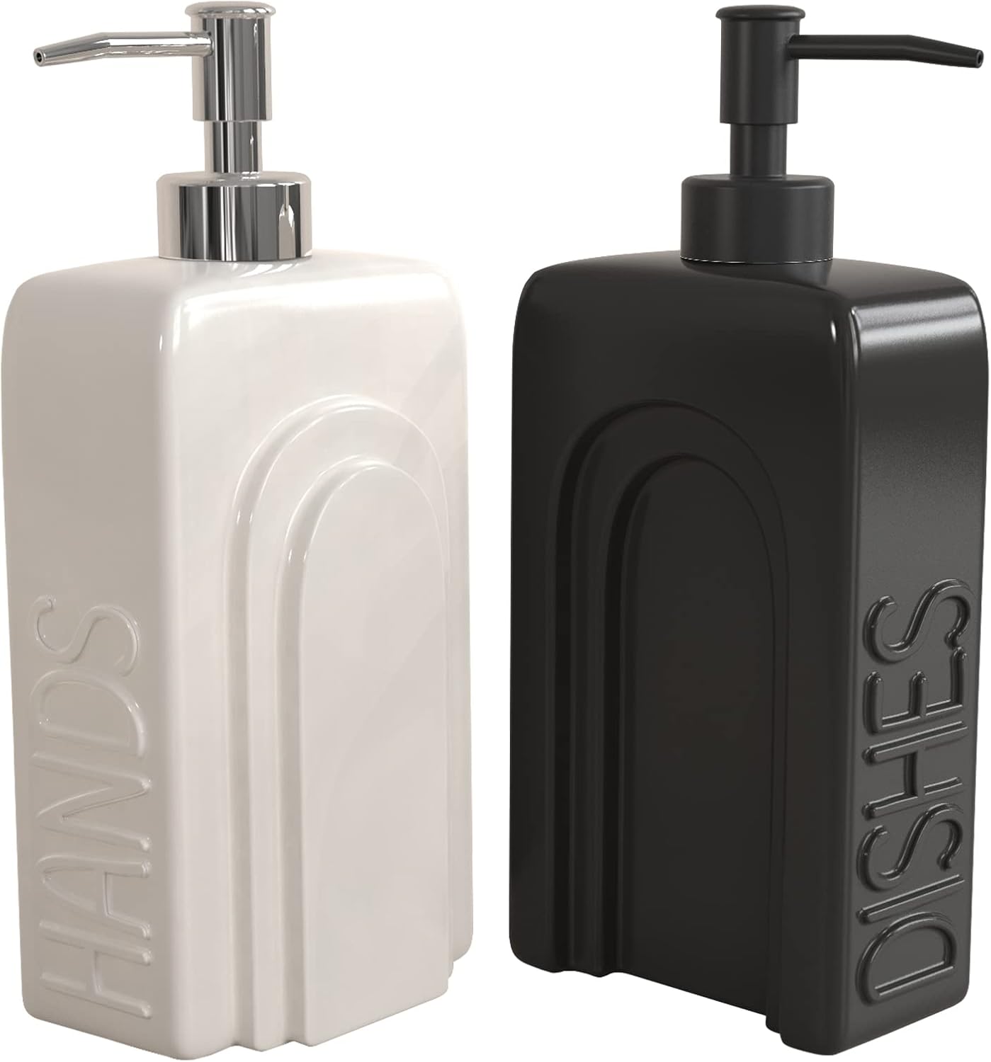 Soap Dispenser Set with Stainless Steel Pump, 2 Pack Ceramic Refillable Dish Soap and Hand Soap Dispenser for Kitchen, Bathroom, Matte White