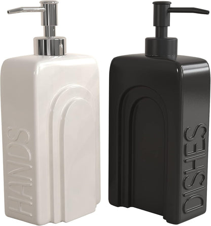 Soap Dispenser Set with Stainless Steel Pump, 2 Pack Ceramic Refillable Dish Soap and Hand Soap Dispenser for Kitchen, Bathroom, Matte White