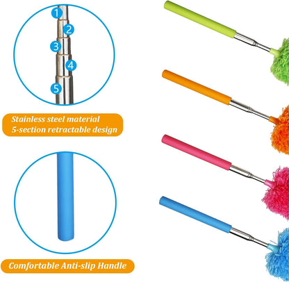 4 Pcs Washable Microfiber Feather Duster, with Extendable Pole and Bendable Head, Microfibre Cleaning Tool for Cleaning Office, Car, Computer, Furniture, Sofa, Blue,green,orange,red