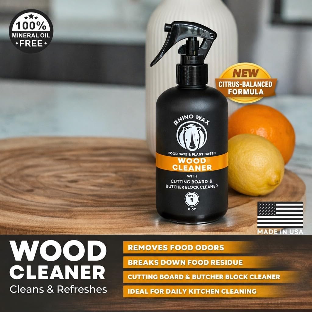 Rhino Wax Wood Cleaner Spray – Cutting Board & Butcher Block Cleaner – Natural Vinegar Citrus Wood Surface Cleaner for Kitchen Wood Countertops & Bamboo Boards – Made in USA – New Formula