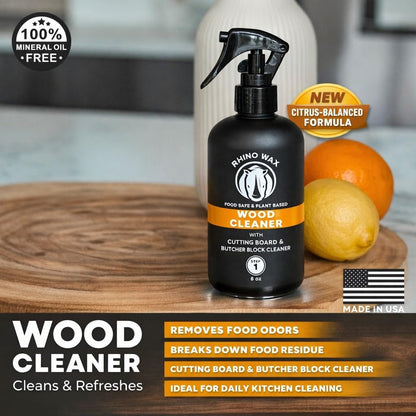 Rhino Wax Wood Cleaner Spray – Cutting Board & Butcher Block Cleaner – Natural Vinegar Citrus Wood Surface Cleaner for Kitchen Wood Countertops & Bamboo Boards – Made in USA – New Formula