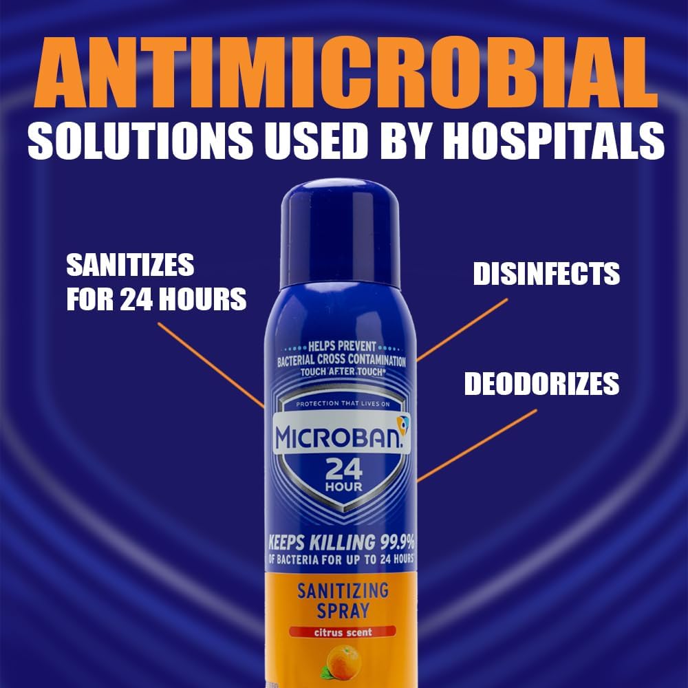 MICROBAN Sanitizing Spray, 15 oz., 2 Pack, Fresh Scent, Disinfects, Sanitizes, Eliminates Odors, and Keeps Killing 99.9% of Bacteria on Hard, Non-Porous Surfaces in Home for up to 24 Hours