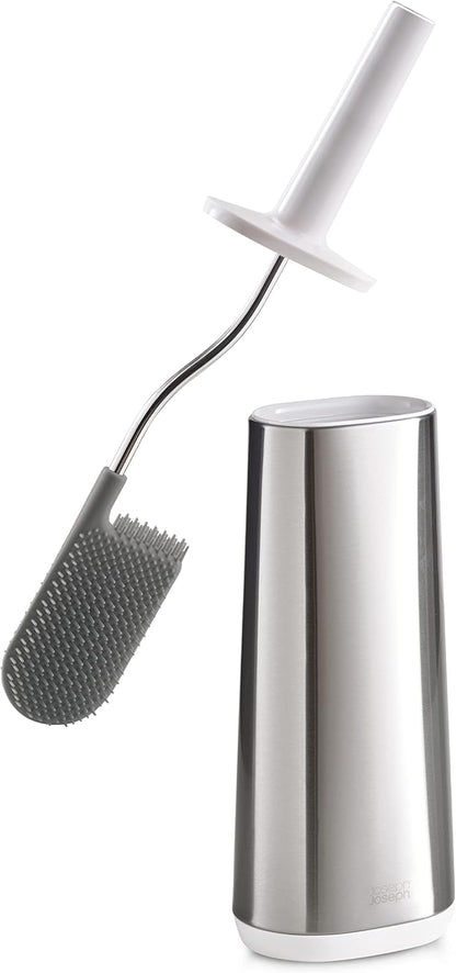 Joseph Joseph Flex Hygienic Silicone Toilet Brush with Slim Holder Set, Flexible Anti-drip, Anti-Clog Deep Clean Head - Stainless Steel