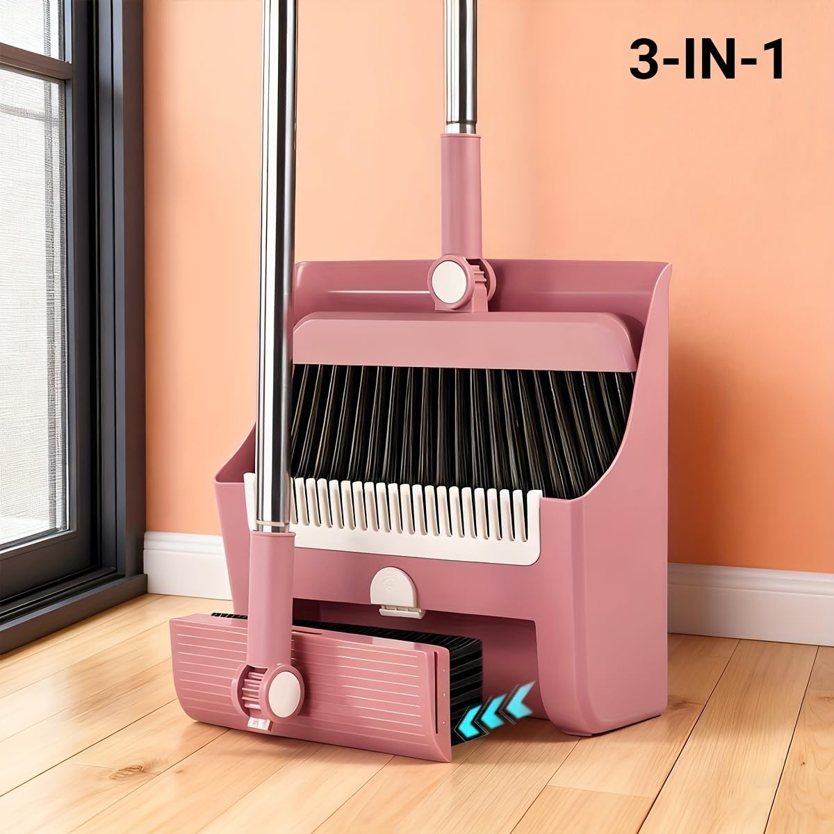3 in 1 Broom and Dustpan Set with Adjustable Push Broom with 48.8“ Long Handle for Floor Sweeping Outdoor Indoor Sweeping Combo for Home & Kitchen (Purple)