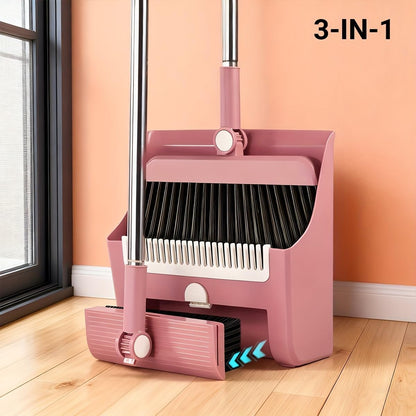 3 in 1 Broom and Dustpan Set with Adjustable Push Broom with 48.8“ Long Handle for Floor Sweeping Outdoor Indoor Sweeping Combo for Home & Kitchen (Purple)