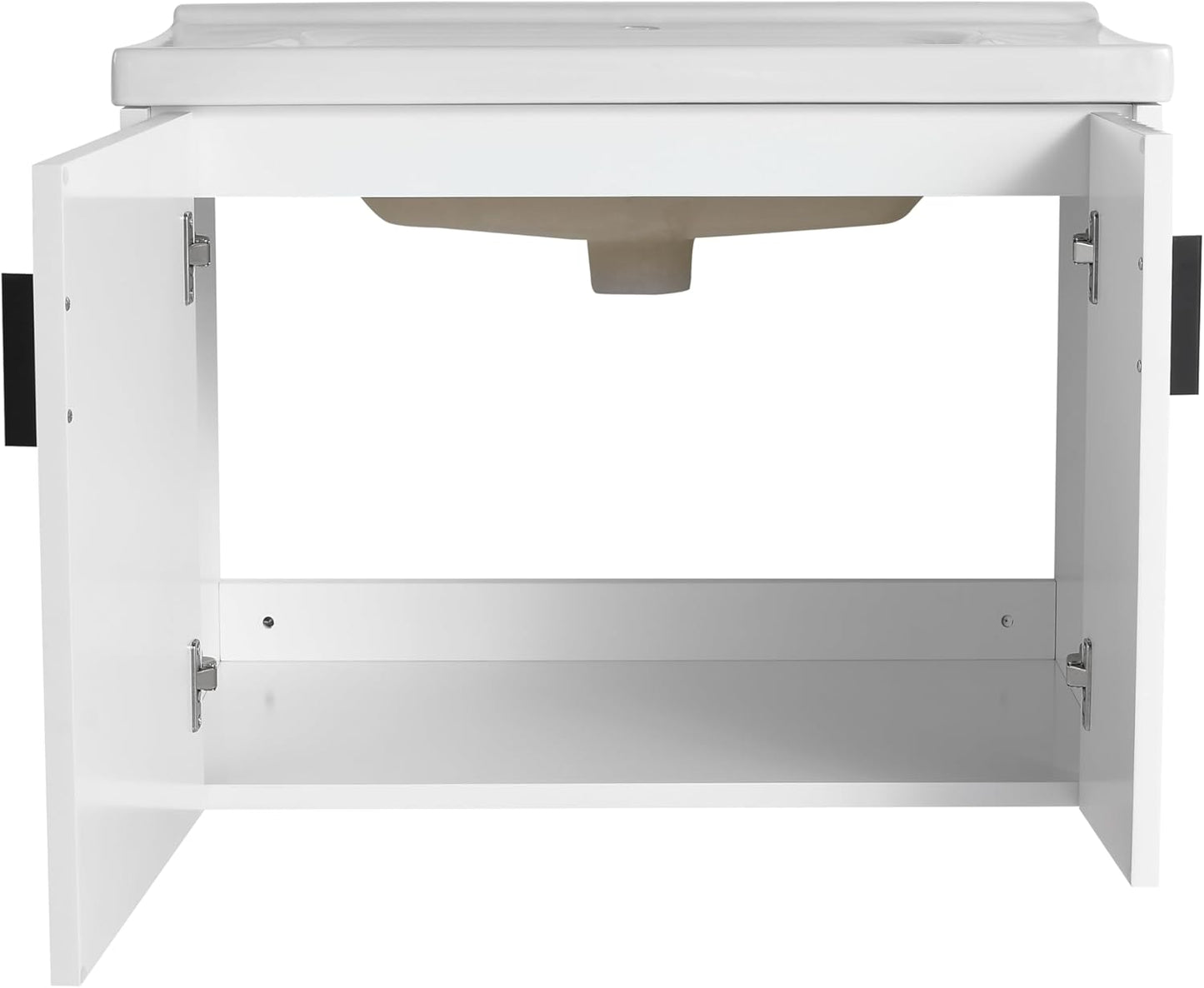 SSLine Modern 24-Inch Bathroom Vanity with Sink Wall Mounted Bathroom Vanity with Top Basin & Storage Cabinet White Wood Floating Vanity w/Ceramic Sink & Gold/Black Handles for Small Space