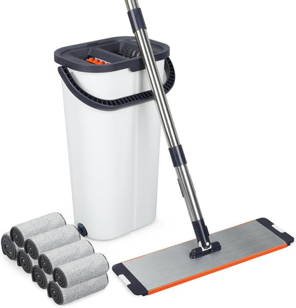 Flat Mop and Bucket Set Microfiber Mop for Floor Cleaning Flat Mop and Bucket System with 8 Reusable Microfiber Mop Pads for Tiles Bathroom & Household Floor Cleaning 16 Inch