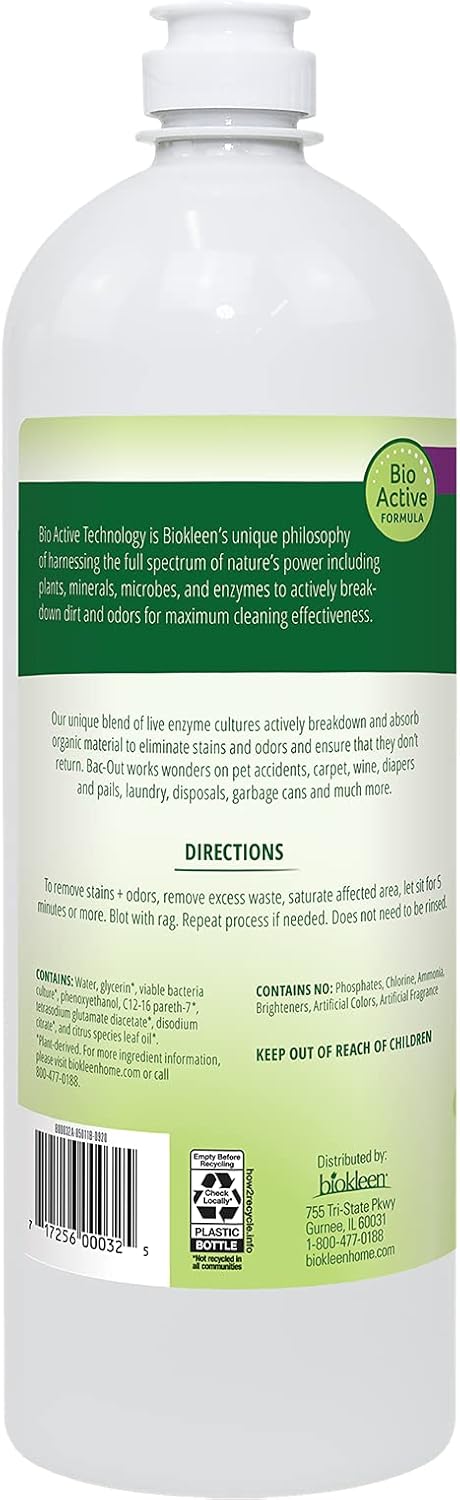 Biokleen Bac-Out Stain+Odor Remover, Destroys Stains & Odors Safely, for Pet Urine, Laundry, Diapers, Wine, Carpets, & More, Eco-Friendly, Non-Toxic, Plant-Based, 32 Ounces