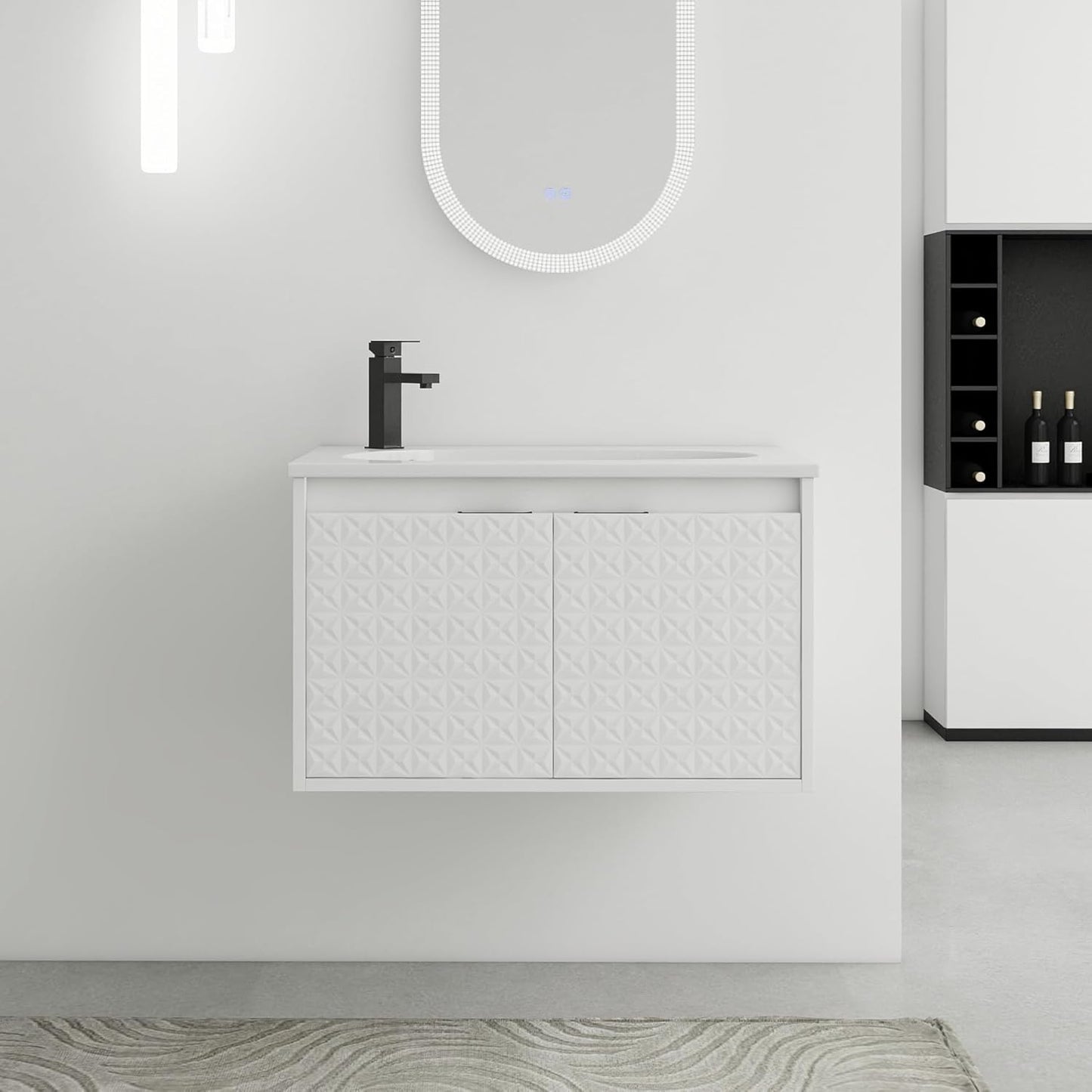 SSLine Modern 24-Inch Bathroom Vanity with Sink Wall Mounted Bathroom Vanity with Top Basin & Storage Cabinet White Wood Floating Vanity w/Ceramic Sink & Gold/Black Handles for Small Space