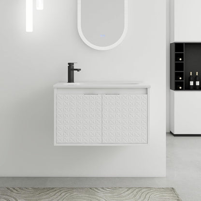 SSLine Modern 24-Inch Bathroom Vanity with Sink Wall Mounted Bathroom Vanity with Top Basin & Storage Cabinet White Wood Floating Vanity w/Ceramic Sink & Gold/Black Handles for Small Space