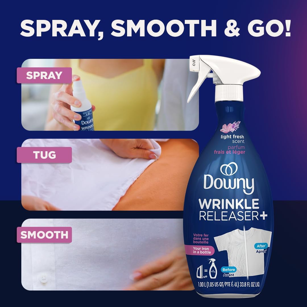 Downy Wrinkle Releaser Spray, All In One Wrinkle Release Spray, Odor Eliminator, Static Remover, Fabric Refresher & Ironing Aid for Clothes, 33.8 Fl Oz (Pack of 2), Unstopables Fresh Scent