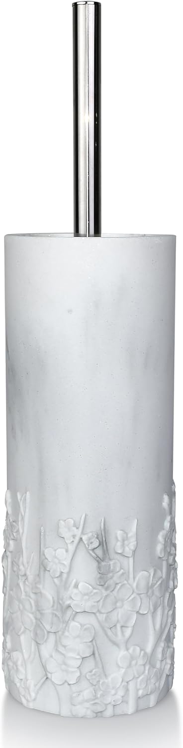 White Floral Branches Design Resin Toilet Bowl Brush and Holder Set, Elegant Bathroom Cleaning Tool with Durable Bristles, Compact and Functional