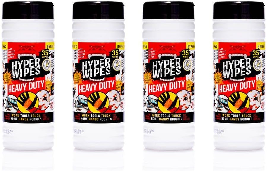 Hyper Wipes, 1 Pack Heavy Duty Hand & Tool Cleaning Wipes, 7"x12" Size Multi-Surface Cleaning Wipes, Degreasing, All Purpose Cleaner, Bathroom, Mechanic, Work Surface Wipes, 35 Count Canister