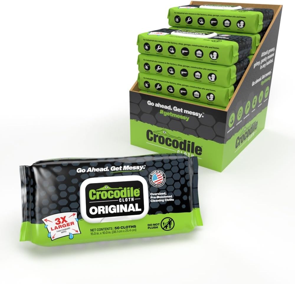 Crocodile Cloth Original Cleaning Wipes, 600 Count (12 Packs of 50 Count), Heavy-Duty 15” x 10” Multi-Surface Shop Wipes, Water-Based, Safe on Skin, Cuts Grease, Grime & Dirt