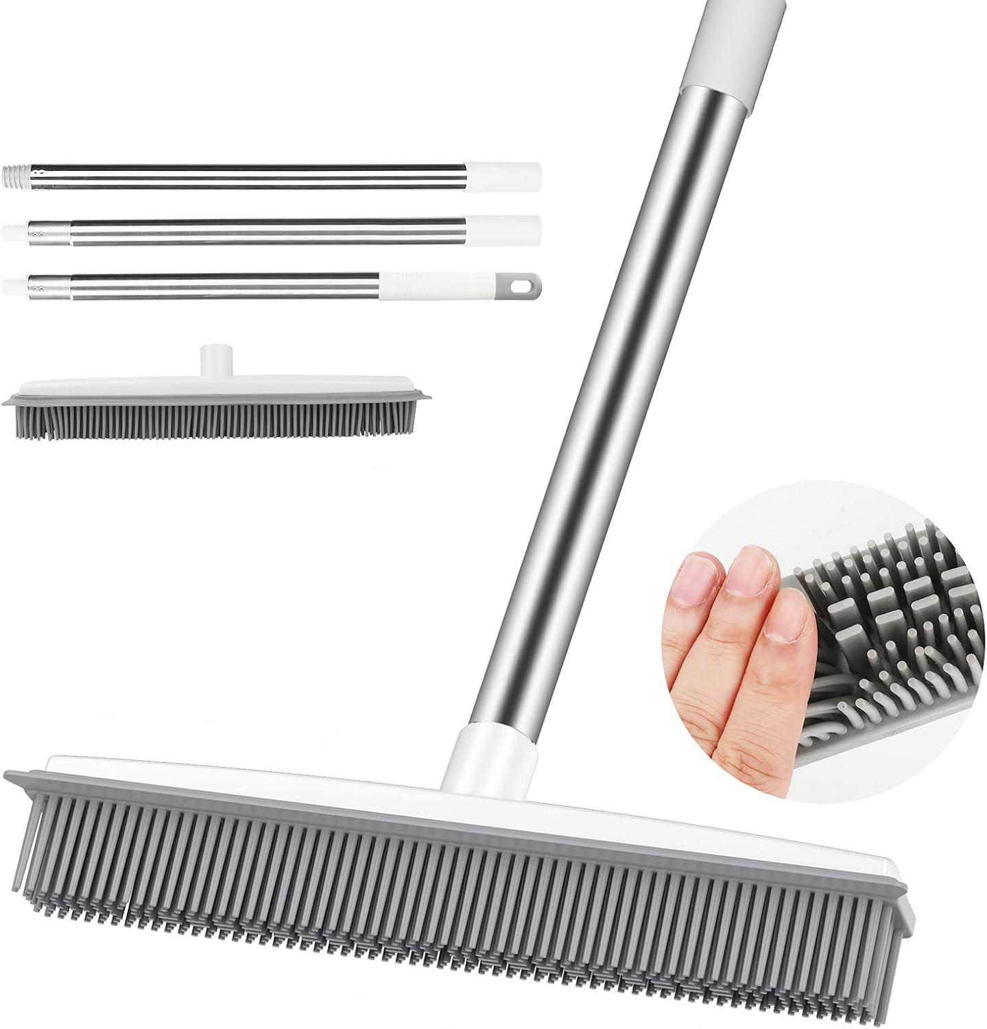 Push Broom Pet Hair Removal Broom with Squeegee, Soft Silicone Bristle Broom with 47" Adjustable Long Handle, Non Scratch Carpet Sweeper Brush for Cat/Dog Hair Hardwood Tile Windows