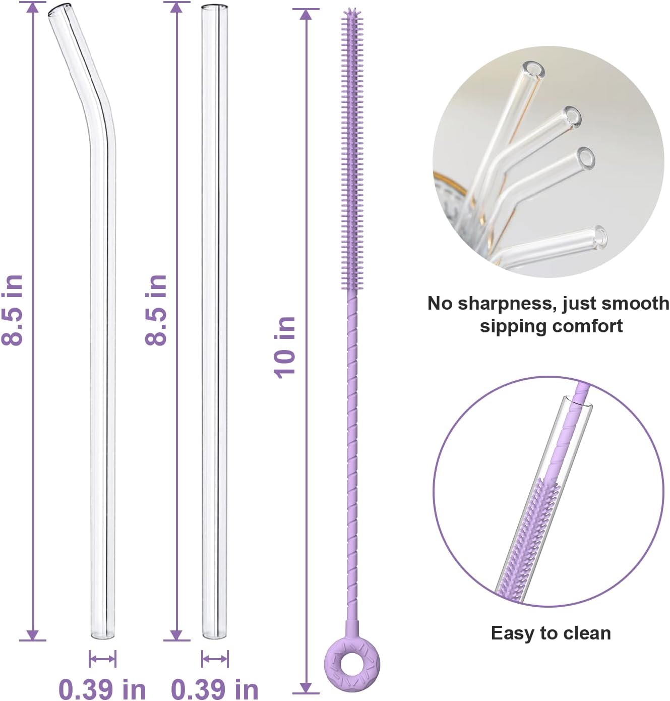 YOTIME 6-Pack Reusable Glass Straws Set, 8.5''x10MM, Set of 3 Straight and 3 Bent with 1 Silicone Cleaning Brush, Perfect for Smoothies, Juice, Milkshake and Coffee (Clear Straws, Pink Brush)