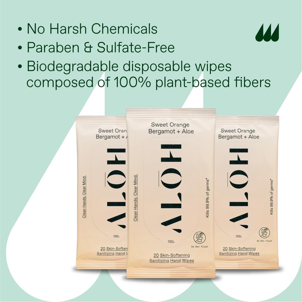 ALŌH Peppermint Eucalyptus + Aloe Sanitizing Hand Wipes - Clean Hands, Clear Mind On The Go Sanitizer for Kids and Adults - Travel Size 3 Pack 20ct Wipes (60 Wipes)