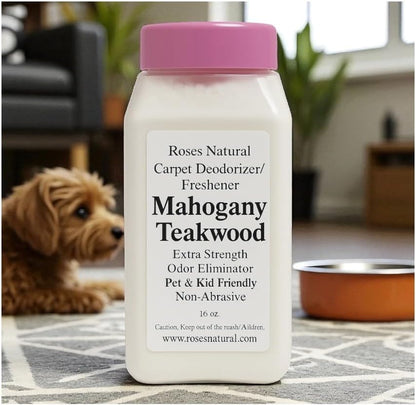 Mahogany Teakwood Carpet Deodorizer Powder – Pet Odor Eliminator & Carpet Freshener, Rugs & Upholstery, Natural Baking Soda Formula, Kid & Pet Friendly, Long Lasting Scent, 16 oz