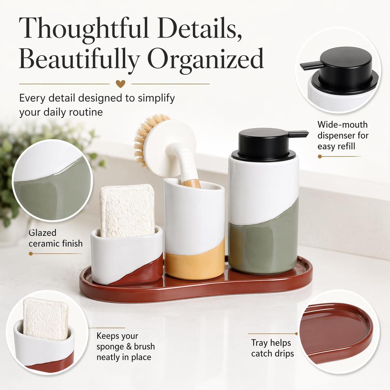 BosilunLife Kitchen Sink Caddy Set – 4-Piece Ceramic Soap Dispenser 12oz with Sponge & Utensil Holders on Drip Tray for Kitchen & Bathroom Countertop Organization (Liquid Pump)