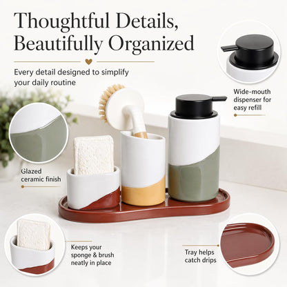 BosilunLife Kitchen Sink Caddy Set – 4-Piece Ceramic Soap Dispenser 12oz with Sponge & Utensil Holders on Drip Tray for Kitchen & Bathroom Countertop Organization (Liquid Pump)
