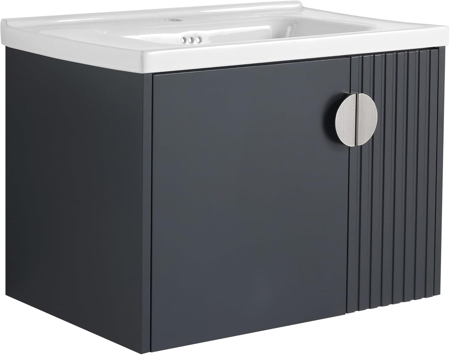 SSLine Modern 24-Inch Bathroom Vanity with Sink Wall Mounted Bathroom Vanity with Top Basin & Storage Cabinet White Wood Floating Vanity w/Ceramic Sink & Gold/Black Handles for Small Space