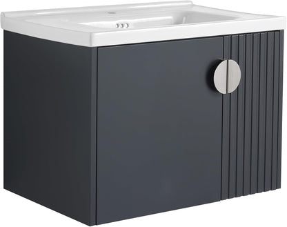 SSLine Modern 24-Inch Bathroom Vanity with Sink Wall Mounted Bathroom Vanity with Top Basin & Storage Cabinet White Wood Floating Vanity w/Ceramic Sink & Gold/Black Handles for Small Space